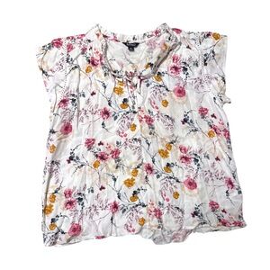 Buffalo David Bitton Short Sleeve Top Medium White Floral Ruffled Tie Front Bohe